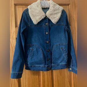 DG2 by Diane Gilman Y2k Penny Lane Faux Fur Collar Blue Denim Jacket